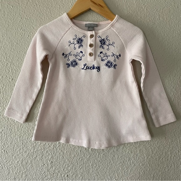 Lucky Brand Other - Lucky Brand Waffle Knit Top Toddler Girls 3T Pink Embroidered Long Sleeve Henley